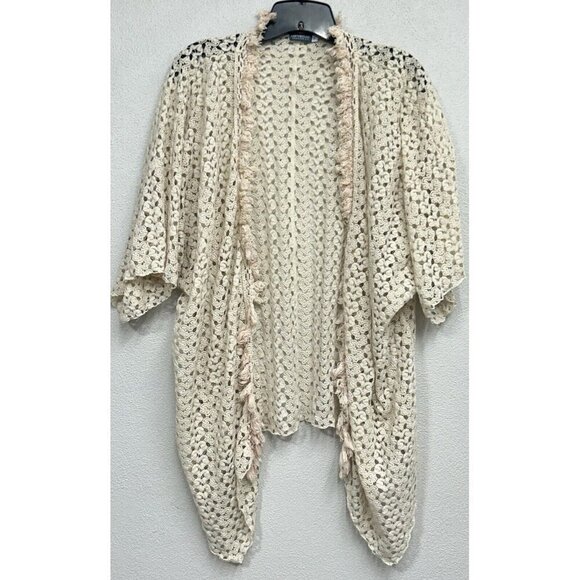 EARTHBOUND Sweaters - Earthbound Trading Co Crochet Cardigan Small Ivory Pink Fringe Coverup Boho